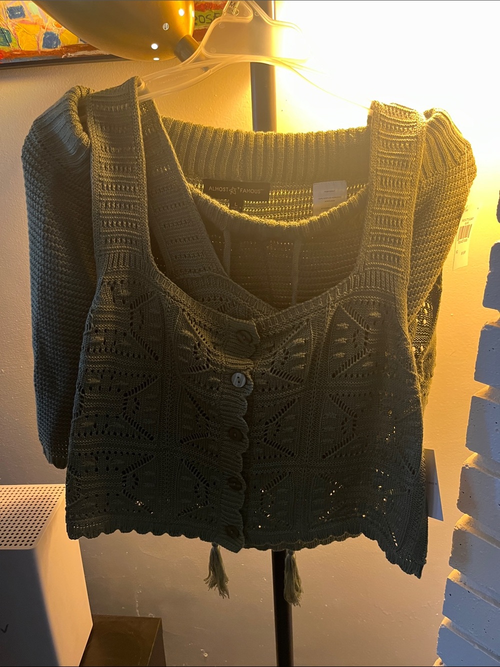 Almost Famous Olive Green Crochet Button-Front Knit Tank